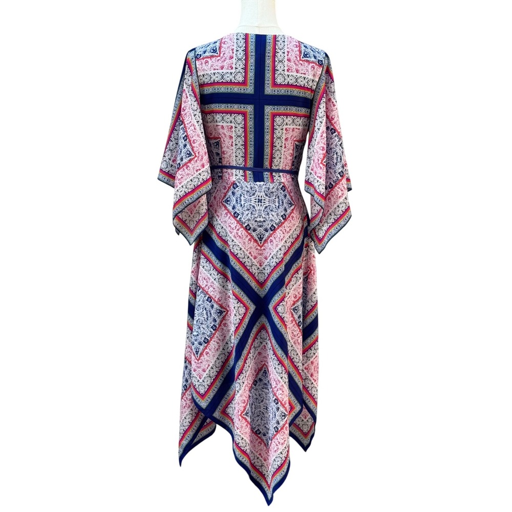 Trina Turk Silk Wrap Dress Womens Blue Pink Paisley Handkerchief Hem Resortwear - Picture 3 of 15
